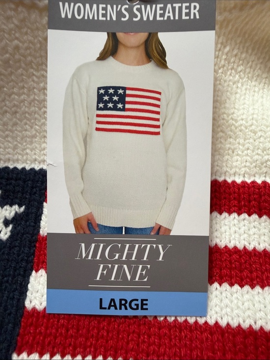 Mighty Fine Sweaters - Mighty Fine White Crewneck Sweater with Red & Blue Flag L NWT